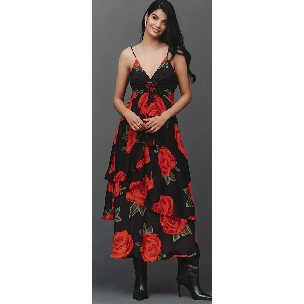 Farm Rio Red Painted Roses Maxi Dress XXS NWT Floral Ruffle High Low Rosette